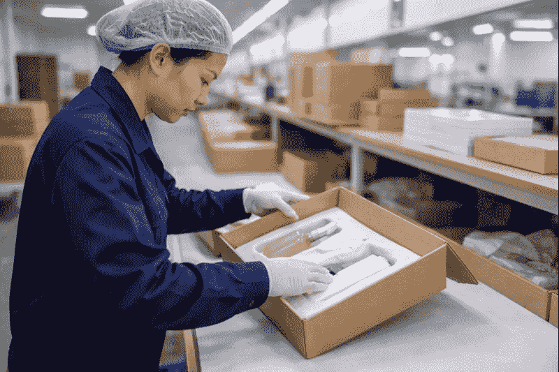 Factory worker assembling foam inserts for skincare bottles and cosmetics packaging Factory worker assembling foam inserts for skincare bottles and cosmetics packaging