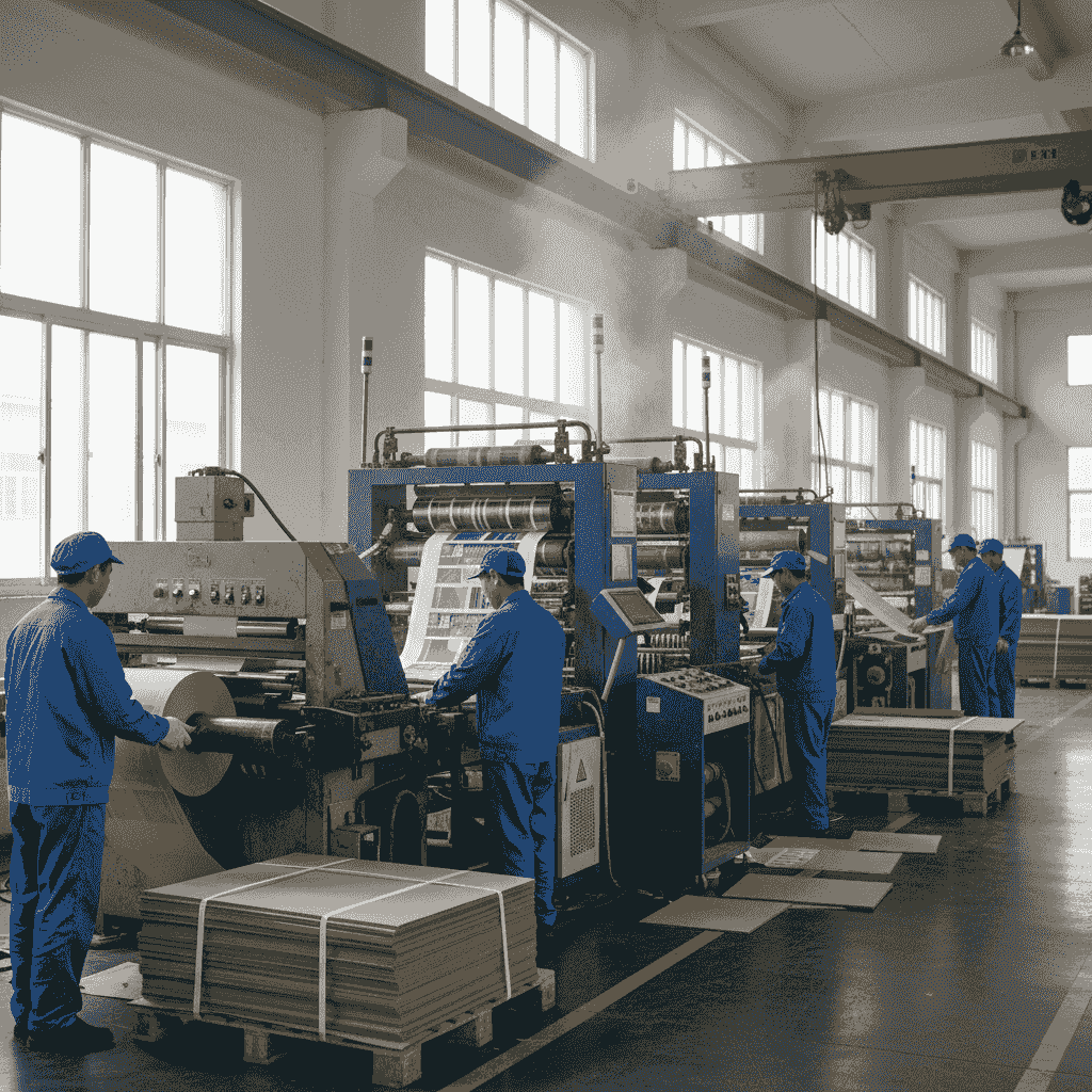 Automated packaging production line at QX Packs factory with Chinese workers in blue uniforms Automated packaging production line at QX Packs factory with Chinese workers in blue uniforms