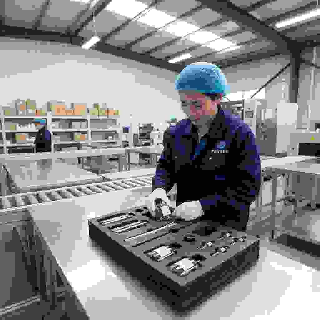 Chinese worker assembling EVA insert for perfume and diffuser packaging on production line Chinese worker assembling EVA insert for perfume and diffuser packaging on production line