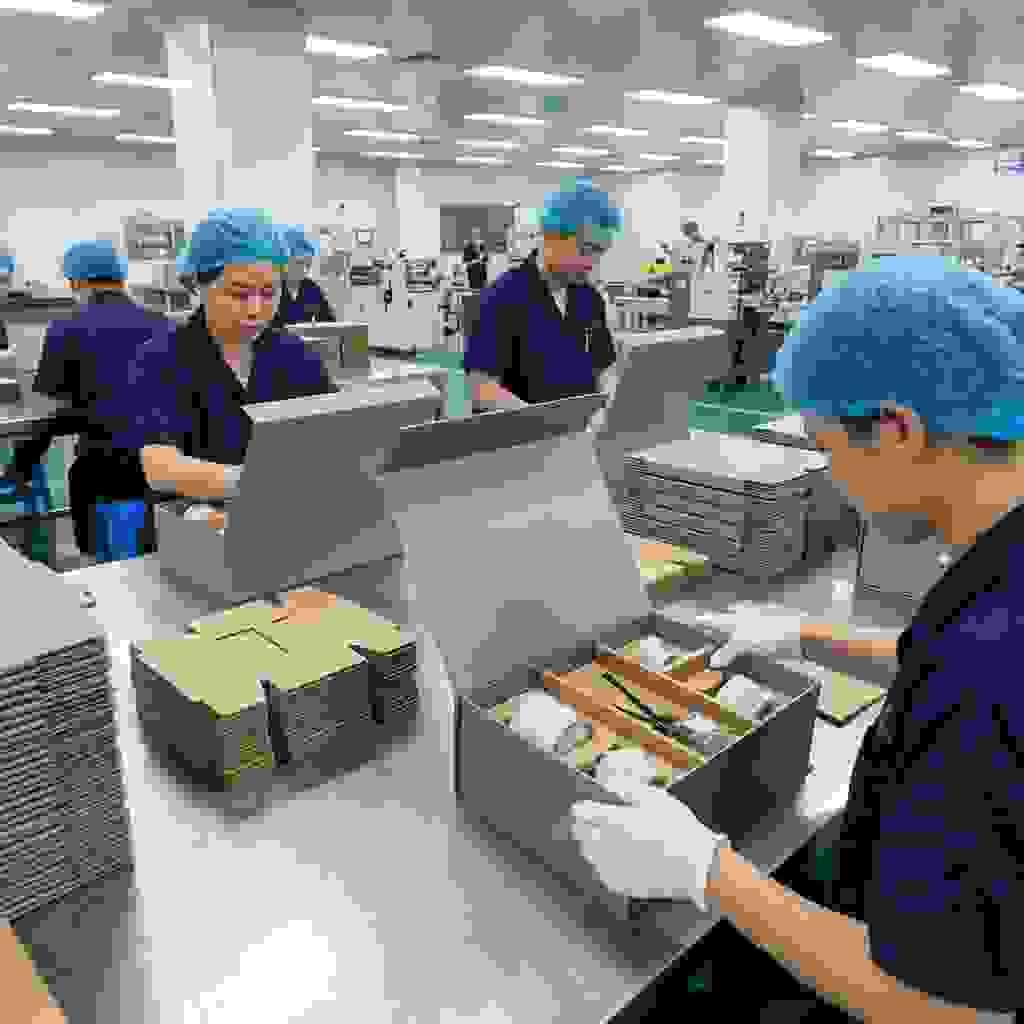 Factory workers assembling compartment dividers and inserts for home décor and lifestyle gift set packaging. Factory workers assembling compartment dividers and inserts for home décor and lifestyle gift set packaging.
