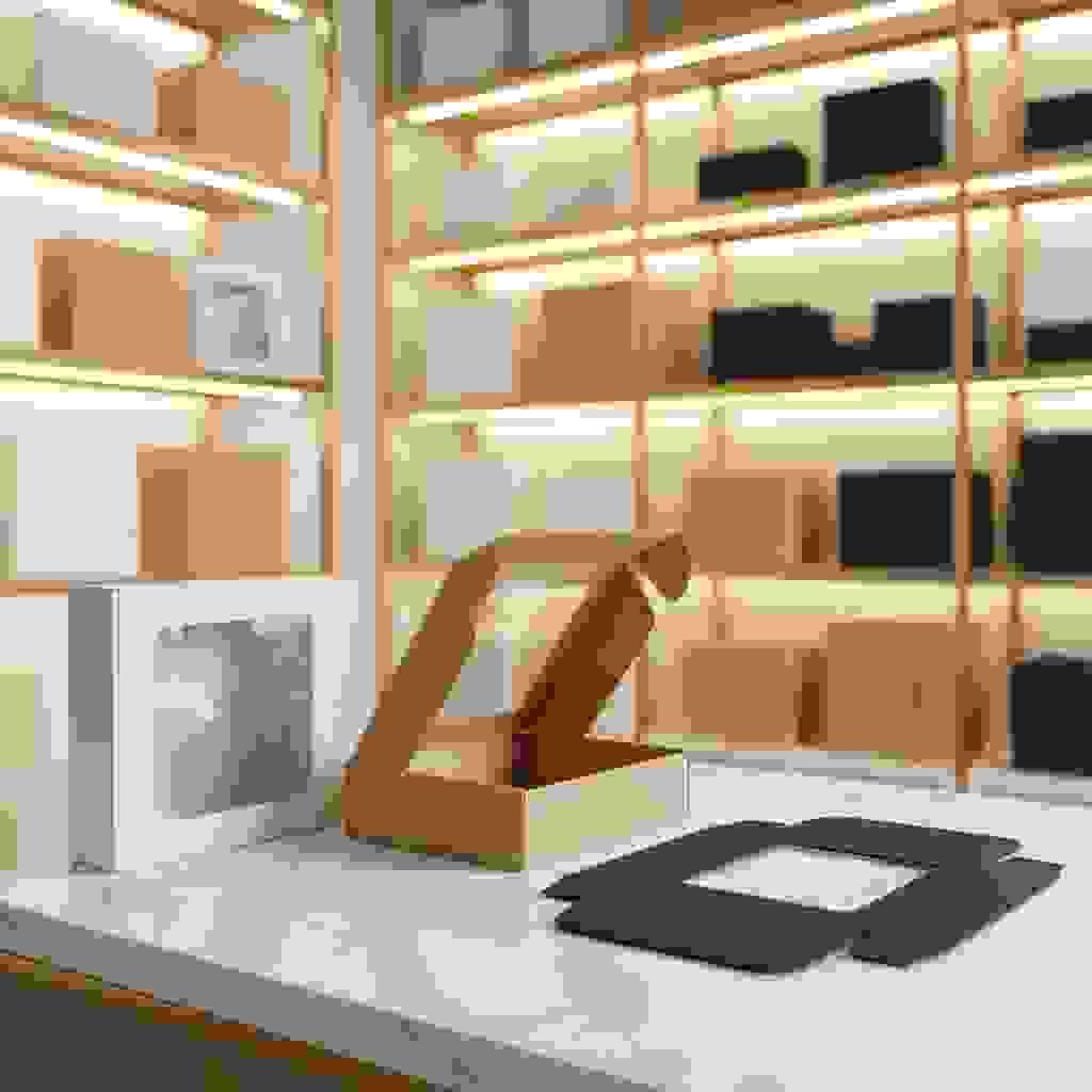 Folding carton with a clear window on marble counter, one open and one closed, warm premium showroom background. Folding carton with a clear window on marble counter, one open and one closed, warm premium showroom background.