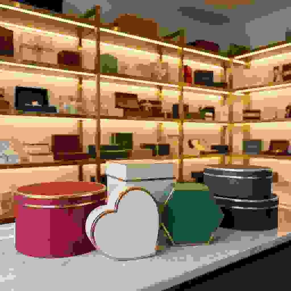 Custom-shaped handmade gift boxes (round, heart, hexagon) displayed in premium showroom. Custom-shaped handmade gift boxes (round, heart, hexagon) displayed in premium showroom.