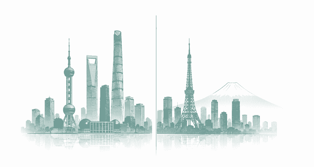 Minimalistinen kuvitus Kiinan ja Japanin kaupunkiympäristöistä kuvaamassa markkinoita, kilpailua ja toimintaympäristön muutoksia. Minimalistinen kuvitus Kiinan ja Japanin kaupunkiympäristöistä kuvaamassa markkinoita, kilpailua ja toimintaympäristön muutoksia.