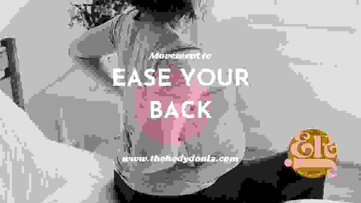 A pregnant person sts on the edge of the bed. I imagine it was hard to get up. Their hands touch their lower back, seeking relief. Text over the image reads 'movmeent ot ease your back'