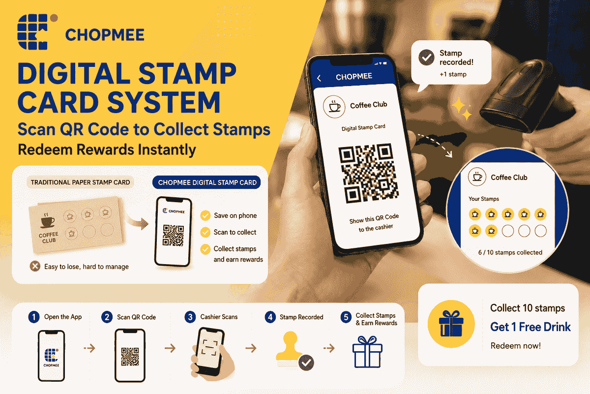 CHOPMEE Digital Stamp Card System helps businesses replace traditional paper stamp cards with a smart QR code loyalty solution. Customers can collect digital stamps by scanning a QR code, track their rewards directly on their mobile devices, and redeem gifts instantly. The system improves customer retention, reduces lost stamp cards, and provides a seamless loyalty experience for cafés, restaurants, beauty salons, retail stores, and small businesses. Features include QR code stamp collection, digital reward tracking, instant redemption, customer engagement, and mobile loyalty management. CHOPMEE Digital Stamp Card System helps businesses replace traditional paper stamp cards with a smart QR code loyalty solution. Customers can collect digital stamps by scanning a QR code, track their rewards directly on their mobile devices, and redeem gifts instantly. The system improves customer retention, reduces lost stamp cards, and provides a seamless loyalty experience for cafés, restaurants, beauty salons, retail stores, and small businesses. Features include QR code stamp collection, digital reward tracking, instant redemption, customer engagement, and mobile loyalty management.