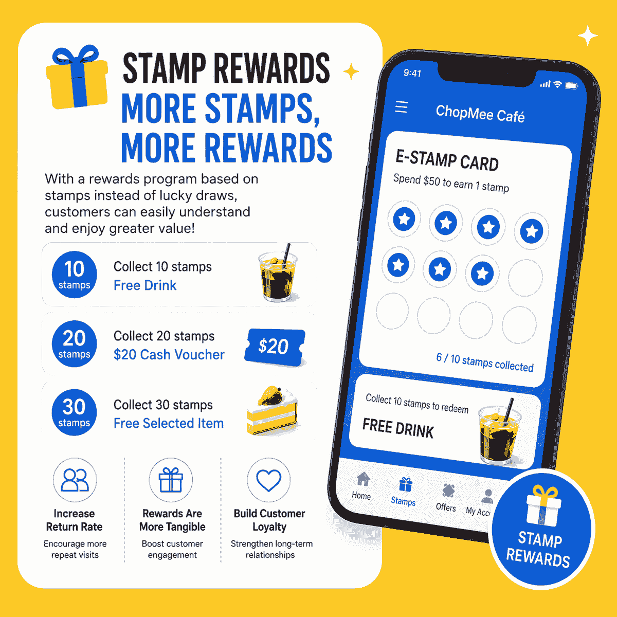Increase customer loyalty with a digital stamp rewards program. Unlike traditional points systems, stamp cards offer clear and tangible rewards that customers can easily understand and redeem. Collect stamps to unlock free drinks, cash vouchers, or exclusive products, encouraging repeat purchases and stronger customer engagement. Ideal for cafés, restaurants, beauty salons, retail stores, and small businesses looking to improve customer retention, loyalty marketing, and repeat sales through a mobile loyalty app. Increase customer loyalty with a digital stamp rewards program. Unlike traditional points systems, stamp cards offer clear and tangible rewards that customers can easily understand and redeem. Collect stamps to unlock free drinks, cash vouchers, or exclusive products, encouraging repeat purchases and stronger customer engagement. Ideal for cafés, restaurants, beauty salons, retail stores, and small businesses looking to improve customer retention, loyalty marketing, and repeat sales through a mobile loyalty app.