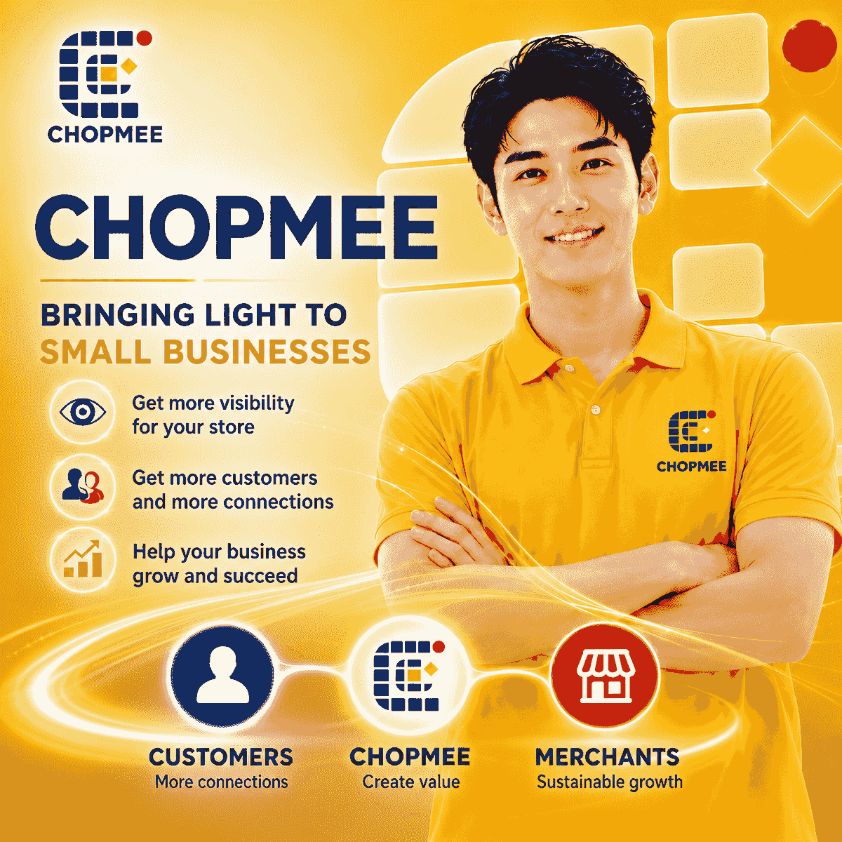 CHOPMEE helps small and medium-sized businesses increase visibility, connect with more customers, and achieve sustainable growth. Through a smart digital loyalty and customer engagement platform, CHOPMEE bridges the gap between customers and merchants, creating long-term value, stronger relationships, and business success. Empower your store with customer retention, digital rewards, and data-driven marketing solutions. CHOPMEE helps small and medium-sized businesses increase visibility, connect with more customers, and achieve sustainable growth. Through a smart digital loyalty and customer engagement platform, CHOPMEE bridges the gap between customers and merchants, creating long-term value, stronger relationships, and business success. Empower your store with customer retention, digital rewards, and data-driven marketing solutions.