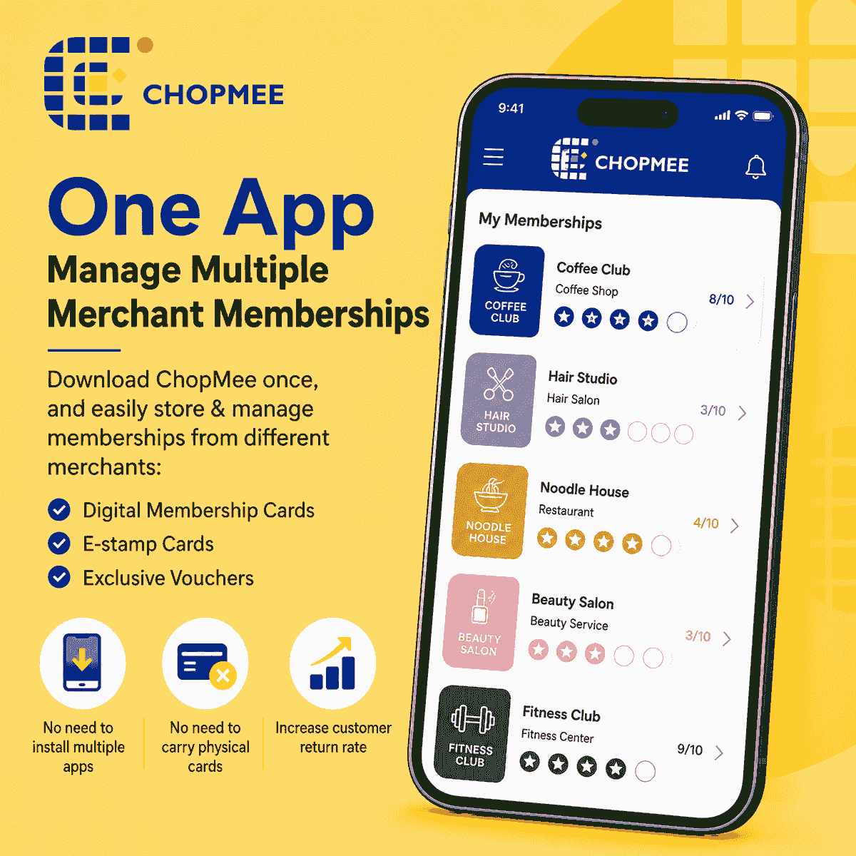Manage all your memberships, digital stamp cards, and reward vouchers in one app. ChopMee helps customers store and organize loyalty programs from multiple merchants without carrying physical cards. Ideal for restaurants, cafés, beauty salons, fitness centers, retail shops, and small businesses looking to improve customer retention, repeat purchases, and loyalty marketing through a digital membership platform. Manage all your memberships, digital stamp cards, and reward vouchers in one app. ChopMee helps customers store and organize loyalty programs from multiple merchants without carrying physical cards. Ideal for restaurants, cafés, beauty salons, fitness centers, retail shops, and small businesses looking to improve customer retention, repeat purchases, and loyalty marketing through a digital membership platform.