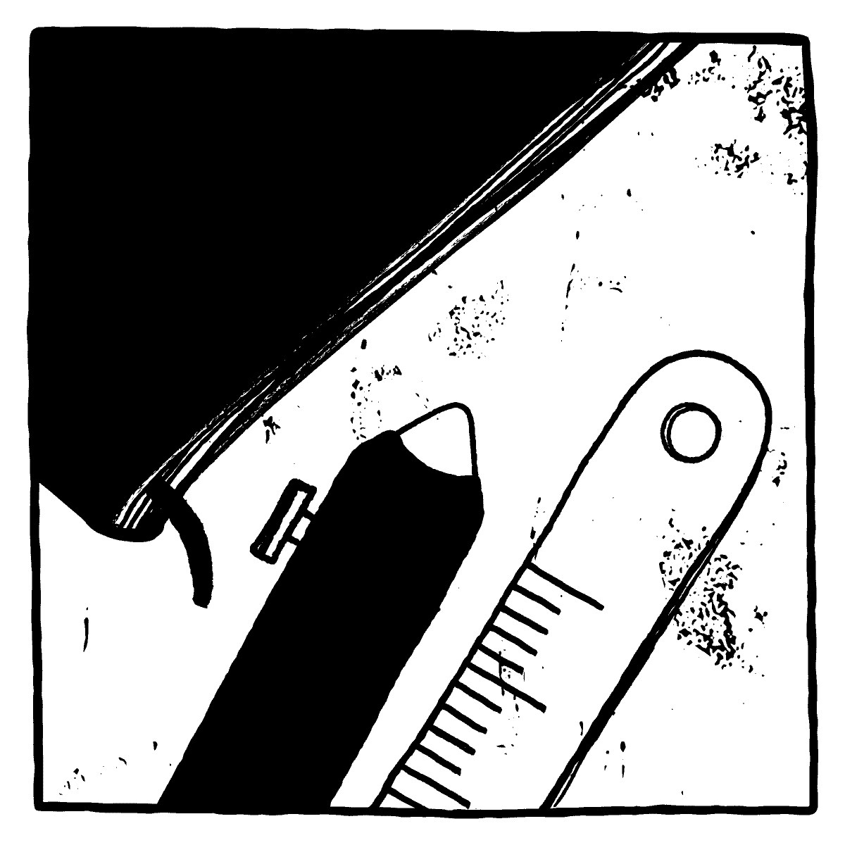 B&W illustration of notebook corner, end of mechanical pencil, and end of ruler cropped by a box frame. B&W illustration of notebook corner, end of mechanical pencil, and end of ruler cropped by a box frame.