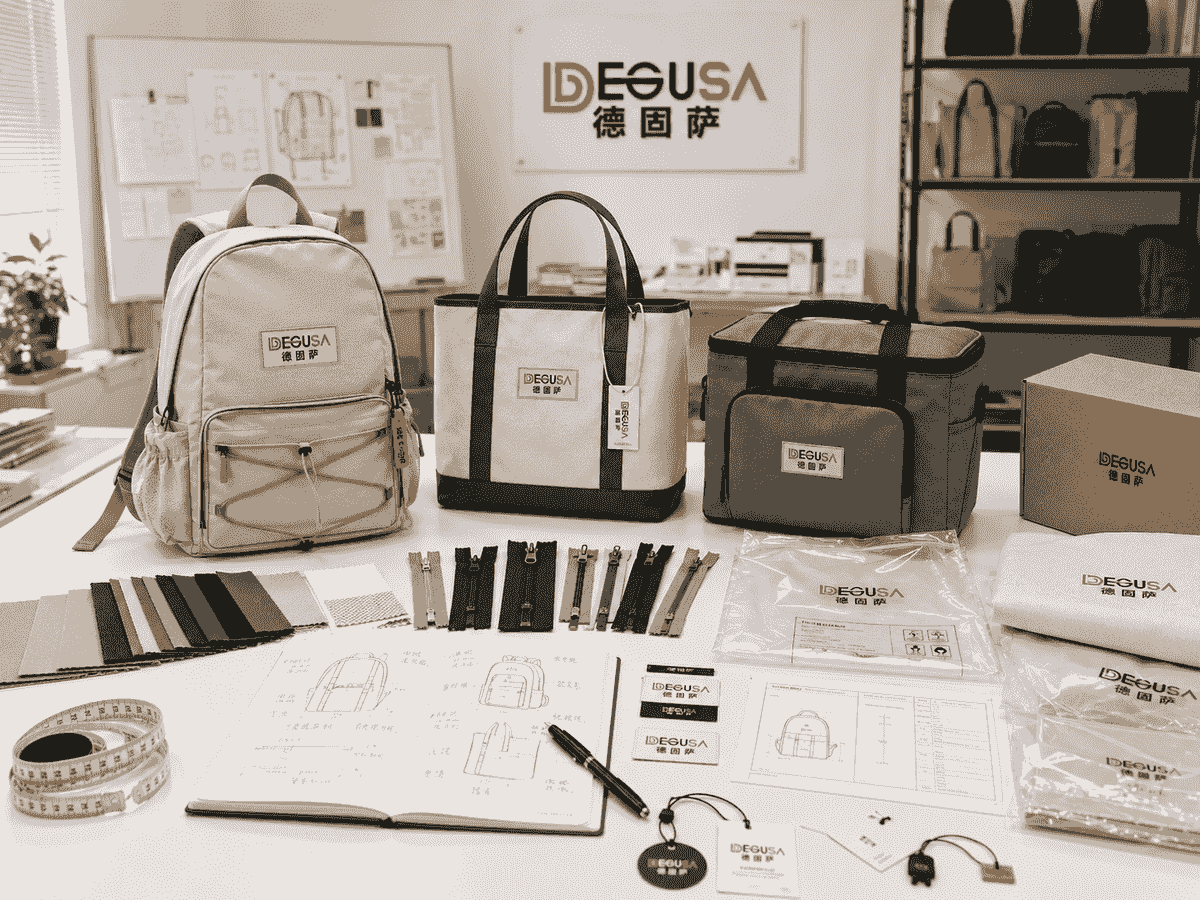 Custom bag sample development support with material swatches, logo details, packaging samples and bag prototypes Custom bag sample development support with material swatches, logo details, packaging samples and bag prototypes