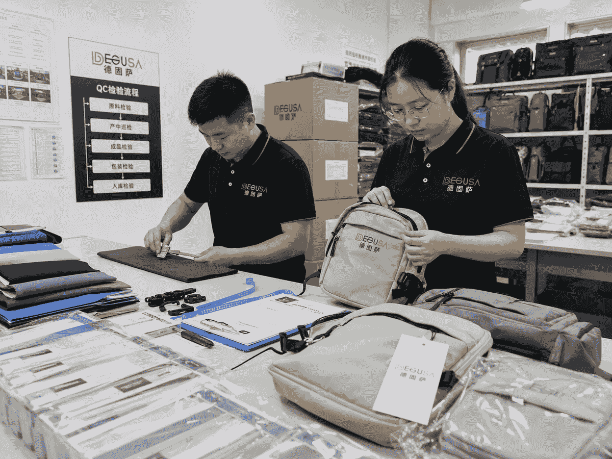 In-house quality control for custom bags, including material inspection, in-line production checking and final packing review In-house quality control for custom bags, including material inspection, in-line production checking and final packing review