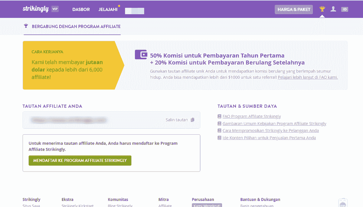 Halaman Pendaftaran Program Affiliate Strikingly