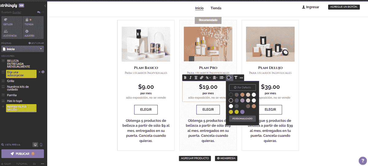 Editor de tiendas online de Strikingly