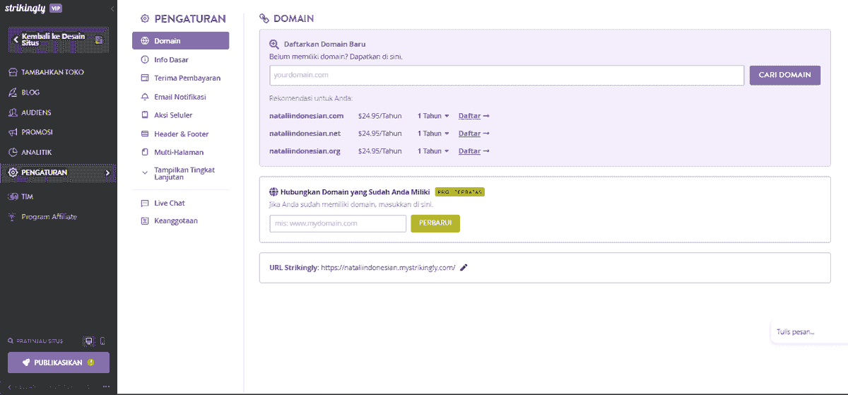 Pilih Nama Domain dengan Strikingly - Akses Halaman Pendaftaran Domain - Pengaturan