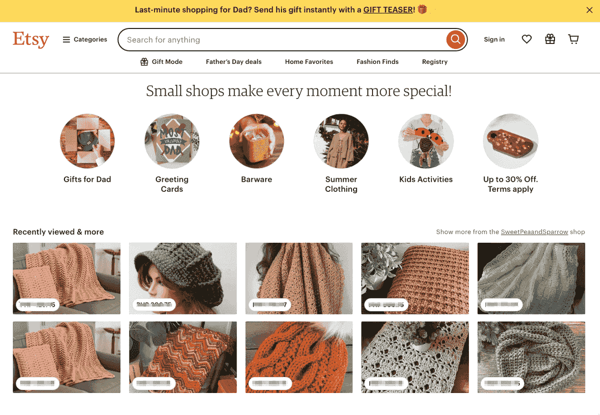 Galería del sitio web de Etsy