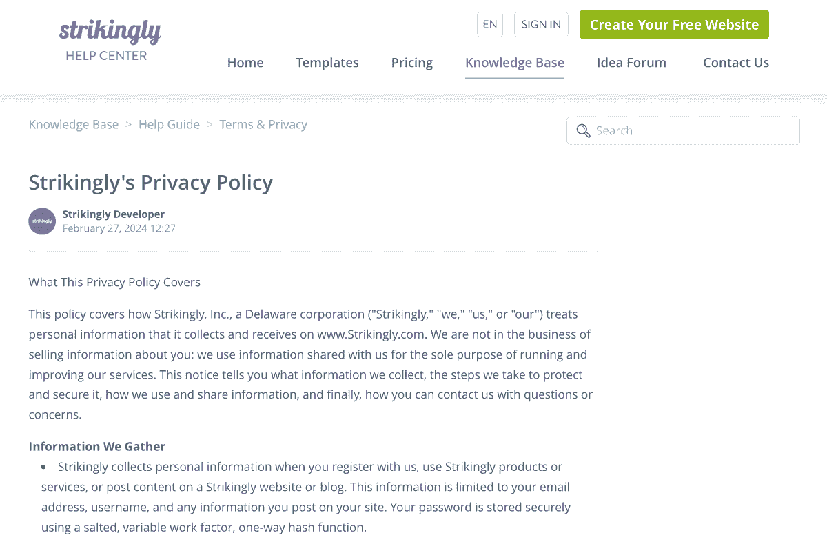 Política de privacidad de Strikingly