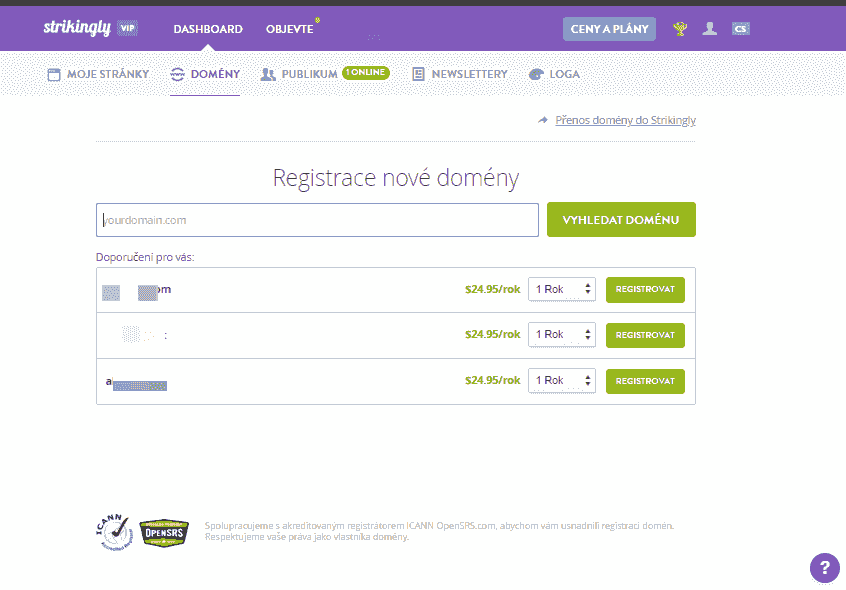 Levný webhosting na Strikingly - Registrace domény