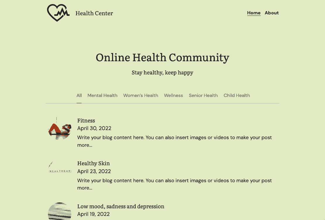 Plantilla de centro de salud de Strikingly