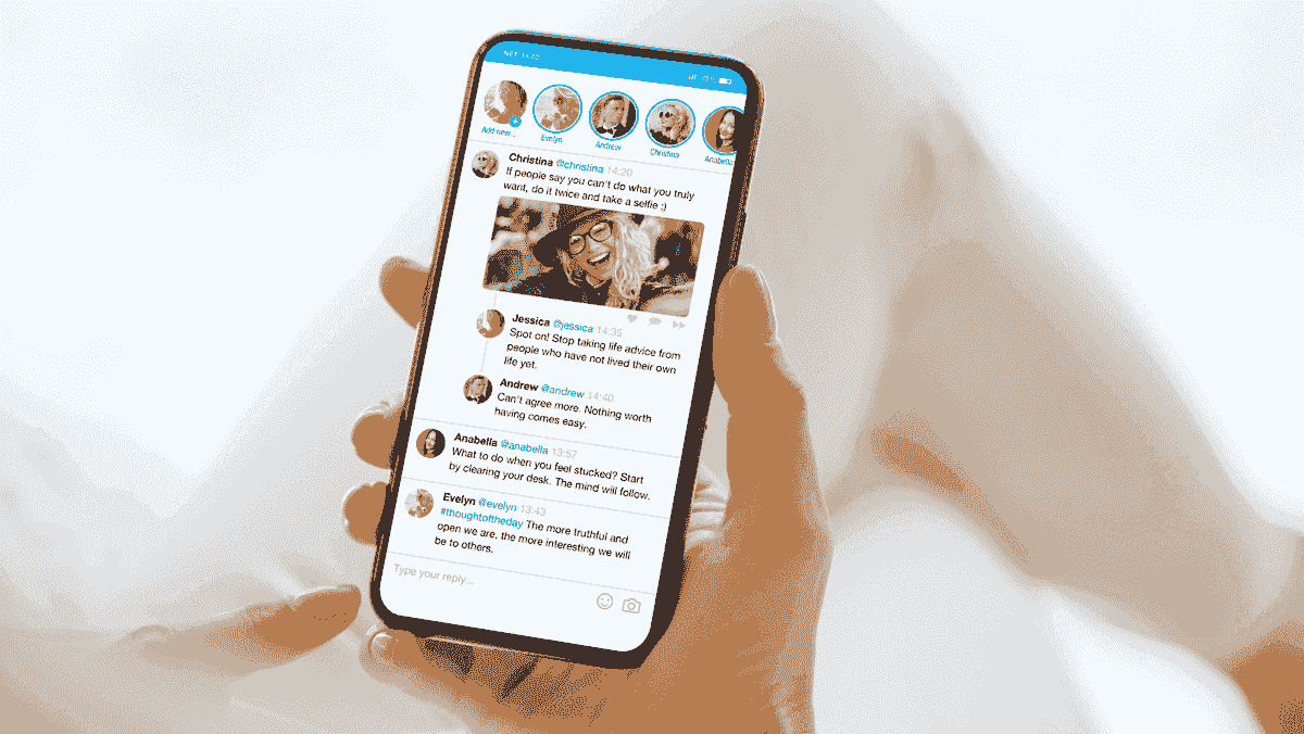 Živá ilustrace smartphonu zobrazující poutavé tweety značek v rámci marketingu na Twitteru