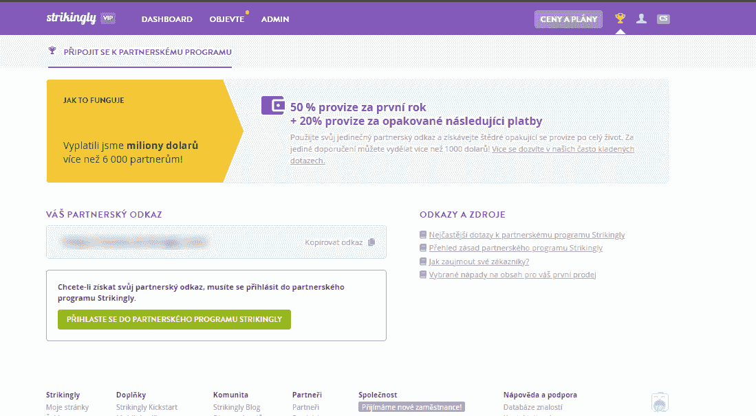 Registrační stránka partnerského programu Strikingly