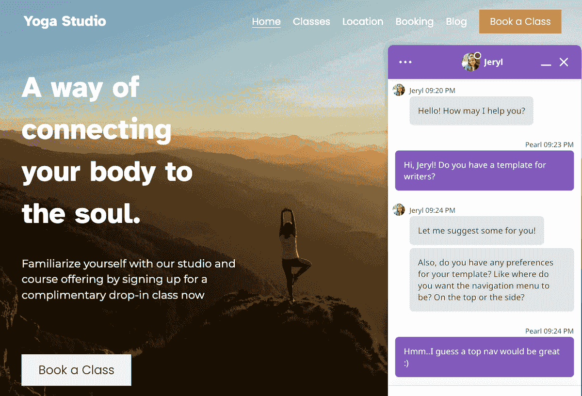 Template Studio Yoga dengan Jendela Dukungan Obrolan Langsung