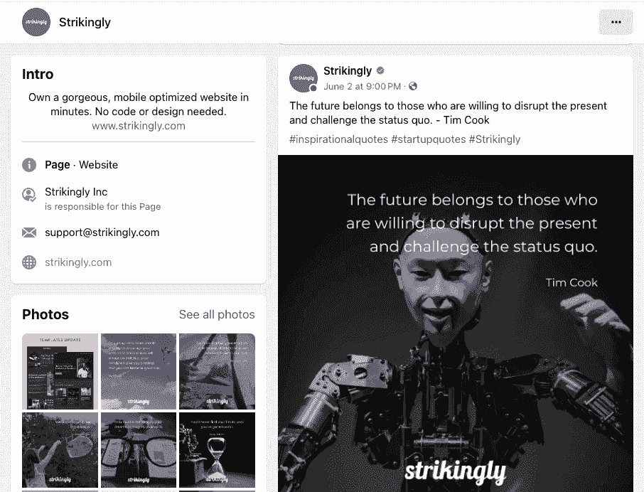 Página de Facebook de Strikingly