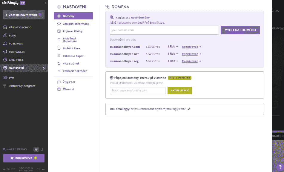 Vyberte doménové jméno pomocí Strikingly - Přejděte na stránku registrace domény - Nastavení