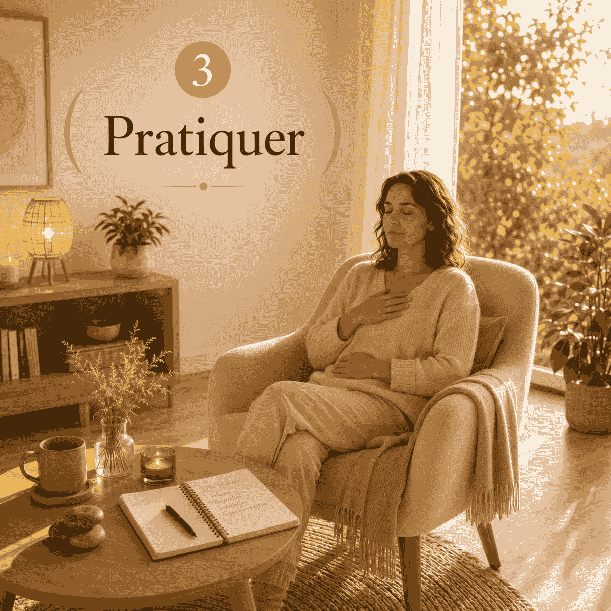 Femme installée dans un fauteuil pratiquant une méthode simple d’auto-hypnose Femme installée dans un fauteuil pratiquant une méthode simple d’auto-hypnose