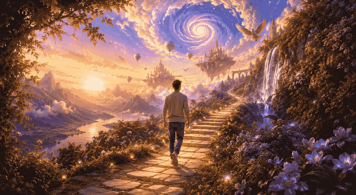 Personne avançant dans un paysage onirique vers une nouvelle expérience d’hypnose ludique Personne avançant dans un paysage onirique vers une nouvelle expérience d’hypnose ludique