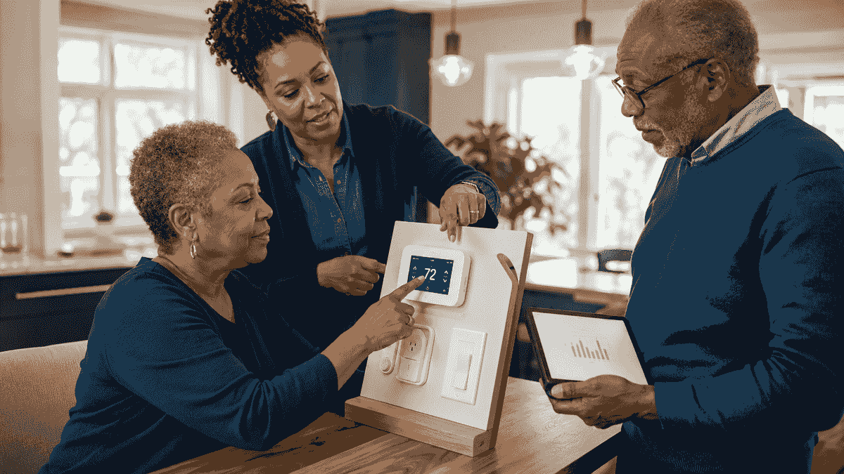 Older adults learning about household energy use through a hands-on thermostat demonstration. Older adults learning about household energy use through a hands-on thermostat demonstration.