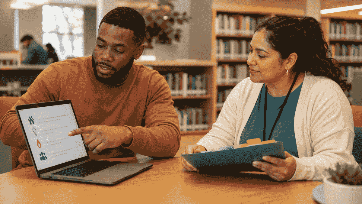 Working-age resident and community navigator reviewing energy resources together on a laptop. Working-age resident and community navigator reviewing energy resources together on a laptop.