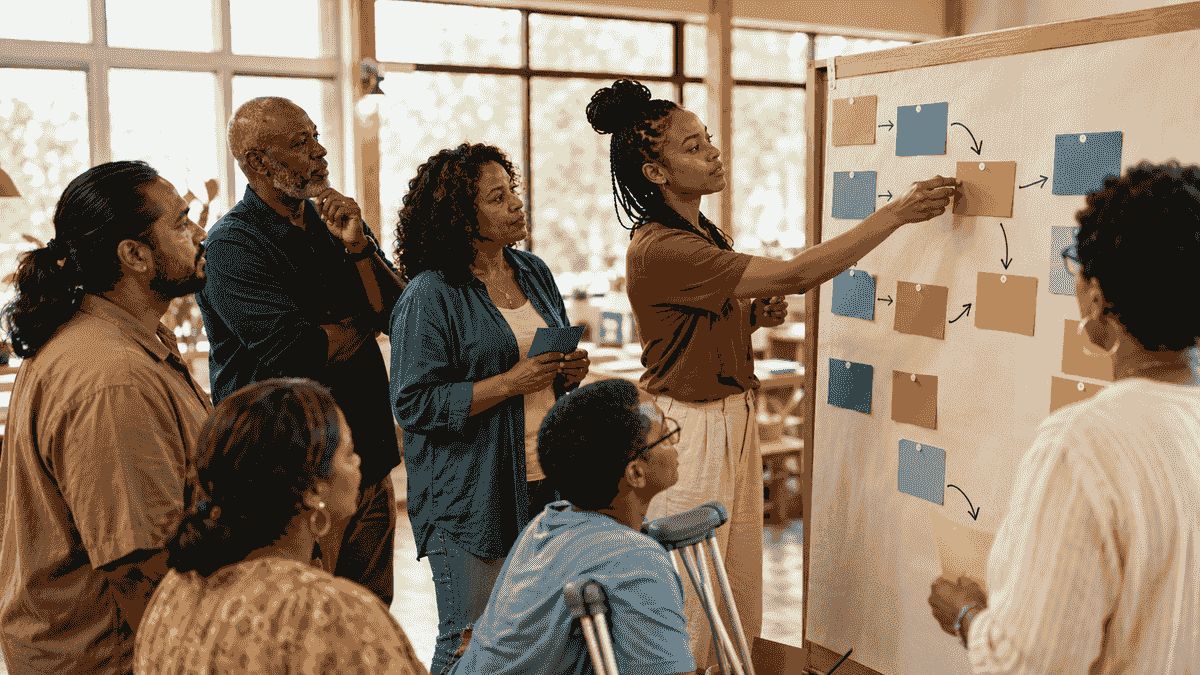 Community members mapping access barriers and opportunities during a collaborative learning session. Community members mapping access barriers and opportunities during a collaborative learning session.