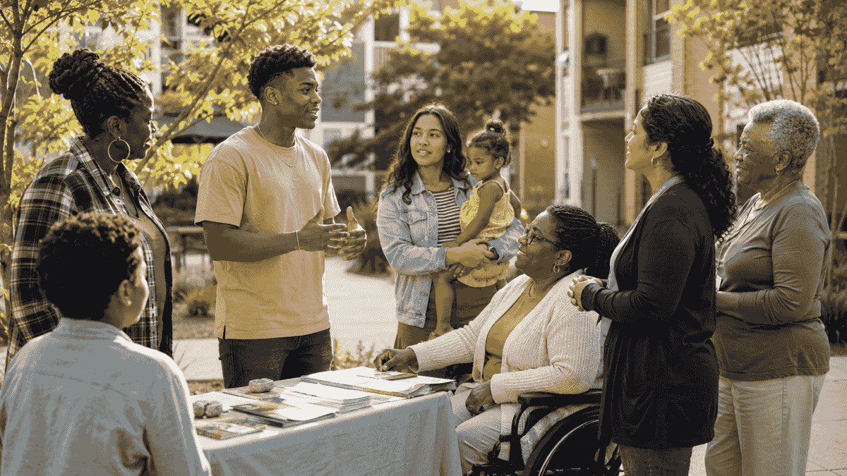 Multigenerational residents exchanging information at an outdoor community resource gathering. Multigenerational residents exchanging information at an outdoor community resource gathering.