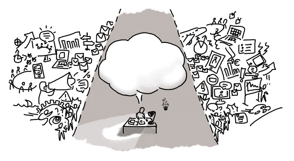 `Illustration d'une personne assise à un bureau, un nuage de pensées complexe au-dessus de sa tête, symbolisant la confusion et la recherche de clarté dans des sujets importants.` `Illustration d'une personne assise à un bureau, un nuage de pensées complexe au-dessus de sa tête, symbolisant la confusion et la recherche de clarté dans des sujets importants.`