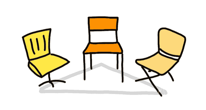 Il·lustració de tres cadires buides disposades en cercle, suggerint un espai de diàleg i col·laboració per a la facilitació d'equips i l'intercanvi d'experteses. Il·lustració de tres cadires buides disposades en cercle, suggerint un espai de diàleg i col·laboració per a la facilitació d'equips i l'intercanvi d'experteses.