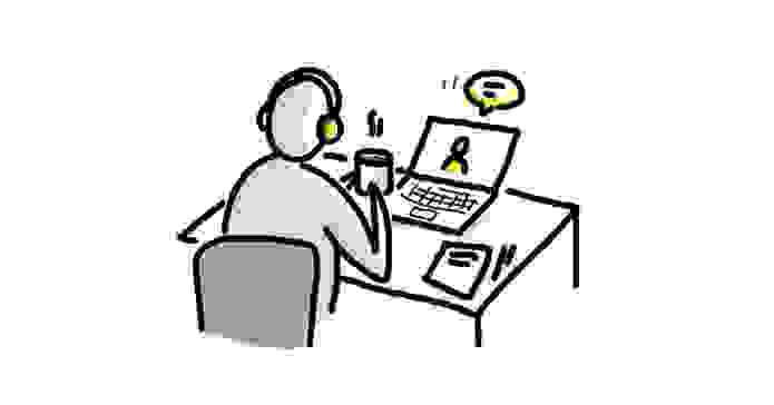 Illustration d'une personne avec un casque, travaillant sur un ordinateur portable et buvant du café, représentant un espace de conversation authentique, d'écoute et de réflexion sans pression de résultat.` Illustration d'une personne avec un casque, travaillant sur un ordinateur portable et buvant du café, représentant un espace de conversation authentique, d'écoute et de réflexion sans pression de résultat.`