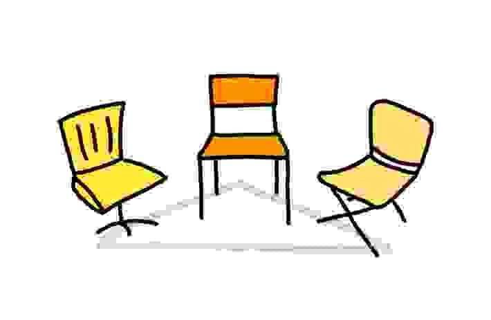 Illustration de trois chaises vides disposées en cercle, suggérant un espace de dialogue et de collaboration pour la facilitation d'équipes et l'échange d'expertises.` Illustration de trois chaises vides disposées en cercle, suggérant un espace de dialogue et de collaboration pour la facilitation d'équipes et l'échange d'expertises.`