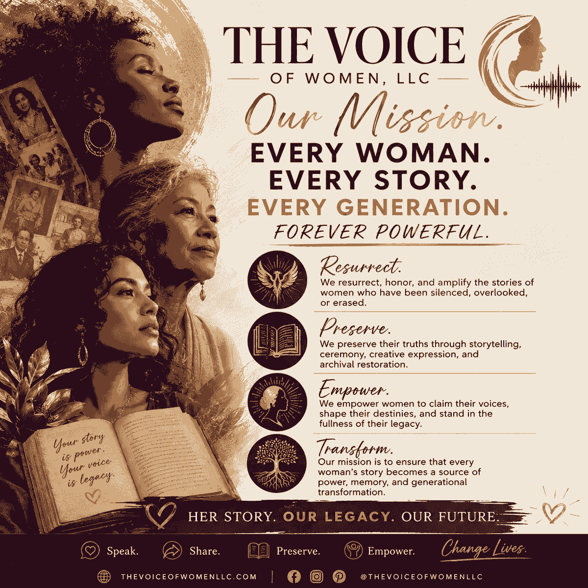 At SHE IS HERE, we honor and elevate the sacred stories, songs, and truths of women across generations. Our work restores the voices that history has silenced, transforming them into powerful, visible narratives that inspire change and healing. Every woman's story is a sacred gift deserving of the world's full attention. Amplifying Women's Narratives Our Mission & Vision MISSION
The Voice of Women, LLC exists to amplify the stories, songs, and sacred truths of women — honoring the ancestral lineage that has always known the power of a woman's word, and transforming that power into visible, lasting, and world-changing narrative. We do not simply tell stories; we restore them to their rightful owners, equip women with the tools to claim their voice, and ensure that no woman who walks through this door ever leaves without knowing that her truth is worthy of the world's full attention.
Vision Statement
◆ VISION
We hold the vision of a world reborn in the full resonance of women's voices — a world where every woman's story is not merely heard but honored as sacred text, where the silences forced upon our grandmothers have been transformed into stages, pages, and monuments of sound; a world where no daughter inherits the wound of being unheard, because we, the keepers of this fire, burned bright enough to change the light she was born into.
Core Values At SHE IS HERE, we honor and elevate the sacred stories, songs, and truths of women across generations. Our work restores the voices that history has silenced, transforming them into powerful, visible narratives that inspire change and healing. Every woman's story is a sacred gift deserving of the world's full attention. Amplifying Women's Narratives Our Mission & Vision MISSION
The Voice of Women, LLC exists to amplify the stories, songs, and sacred truths of women — honoring the ancestral lineage that has always known the power of a woman's word, and transforming that power into visible, lasting, and world-changing narrative. We do not simply tell stories; we restore them to their rightful owners, equip women with the tools to claim their voice, and ensure that no woman who walks through this door ever leaves without knowing that her truth is worthy of the world's full attention.
Vision Statement
◆ VISION
We hold the vision of a world reborn in the full resonance of women's voices — a world where every woman's story is not merely heard but honored as sacred text, where the silences forced upon our grandmothers have been transformed into stages, pages, and monuments of sound; a world where no daughter inherits the wound of being unheard, because we, the keepers of this fire, burned bright enough to change the light she was born into.
Core Values