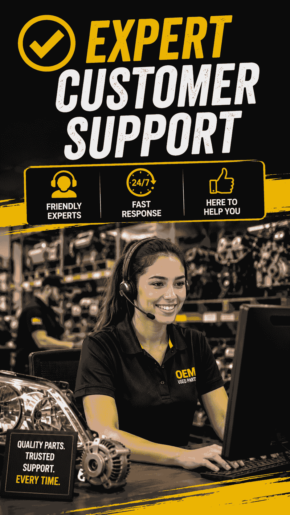 Our experienced team is here to assist you in finding the right used auto parts for your vehicle. We provide professional advice, quick responses, and reliable support to ensure a smooth purchasing experience. Count on us for expert guidance and quality products. Expert Service Our Used Auto Parts Used autoparts store Our experienced team is here to assist you in finding the right used auto parts for your vehicle. We provide professional advice, quick responses, and reliable support to ensure a smooth purchasing experience. Count on us for expert guidance and quality products. Expert Service Our Used Auto Parts Used autoparts store