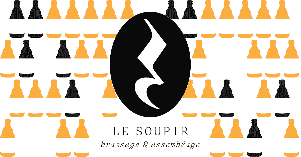 Logo de Le Soupir au dessus de 4 rangées de bouteilles stylisées que l'on retrouve sur notre logo.