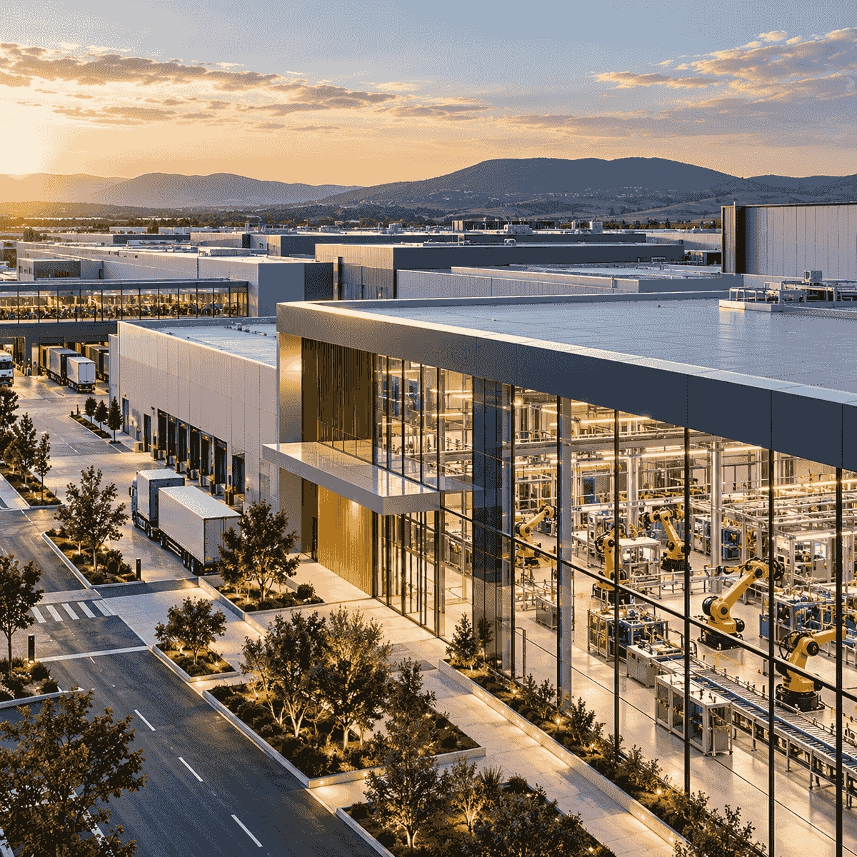 Illustrative advanced manufacturing campus — corporate and industrial capital. Illustrative advanced manufacturing campus — corporate and industrial capital.