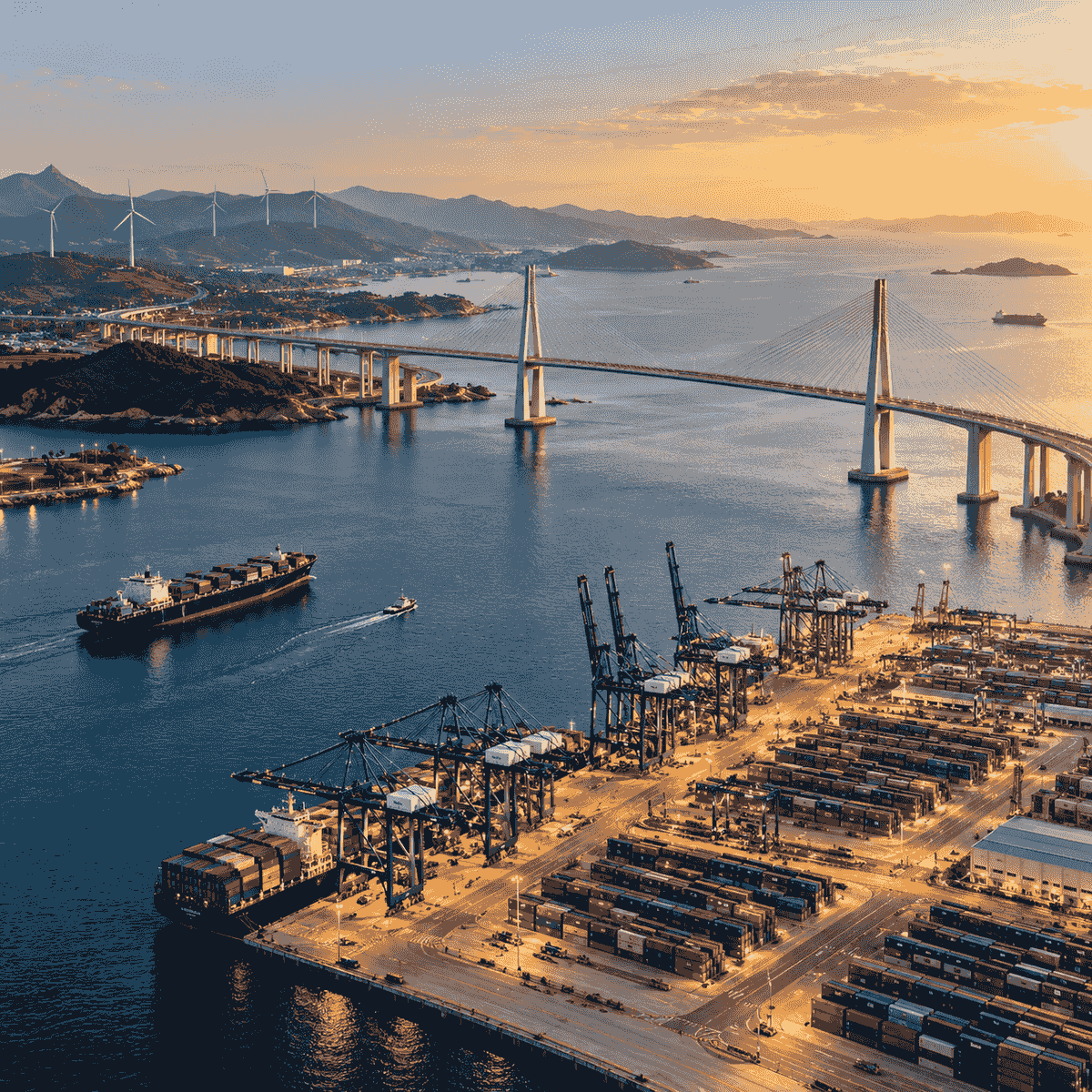 Illustrative port, bridge and renewable energy infrastructure — sovereign and strategic capital. Illustrative port, bridge and renewable energy infrastructure — sovereign and strategic capital.