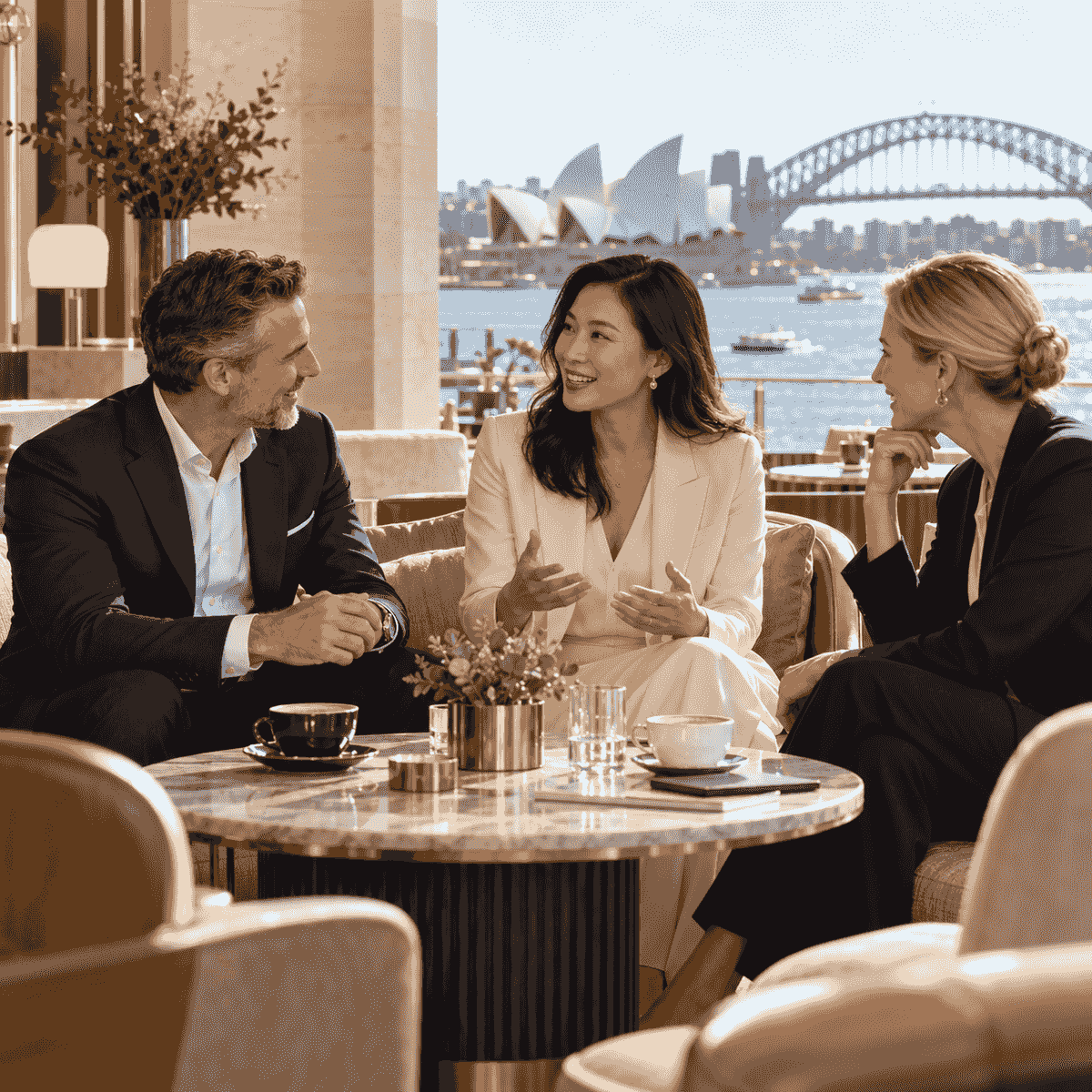 Illustrative member conversation in a Sydney waterfront lounge — individual membership. Illustrative member conversation in a Sydney waterfront lounge — individual membership.