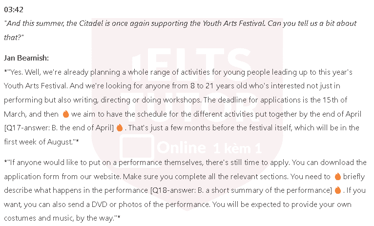 What information does the woman give about the following events at the Citadel theatre?: Đề thi IELTS LISTENING (actual test) 
