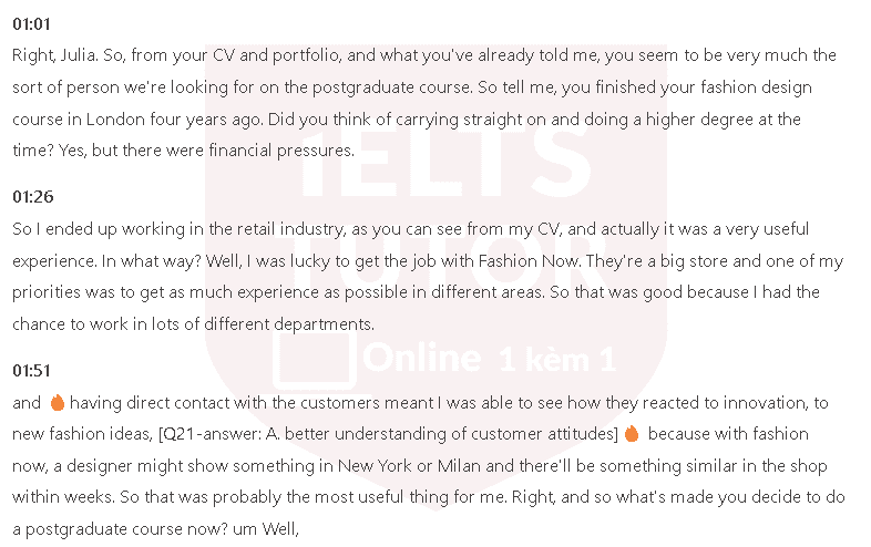 What is the main thing Julia feels she has gained from her experience in retail?: Đề thi IELTS LISTENING (practice test)