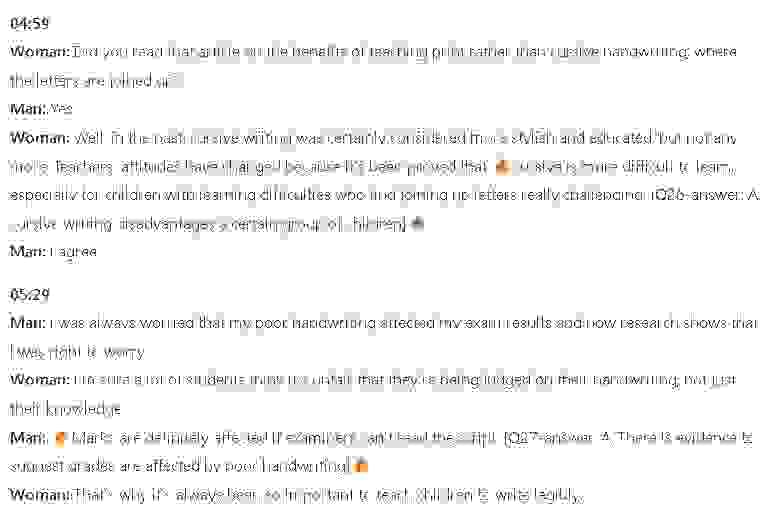 Which TWO benefits for children of learning to write did both students find surprising?: Đề thi IELTS LISTENING (practice test)