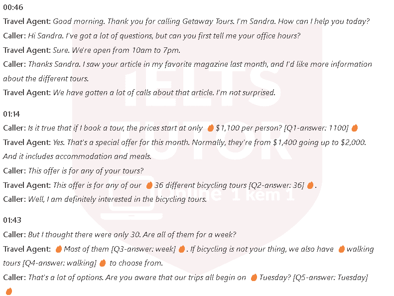 Get Away Tours: Đề thi IELTS LISTENING (actual test)