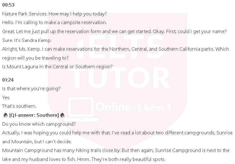 Campsite Reservation Form: Đề thi IELTS LISTENING (actual test)