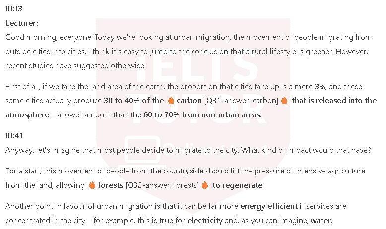 Reasons for and against urban migration: Đề thi IELTS LISTENING (actual test)