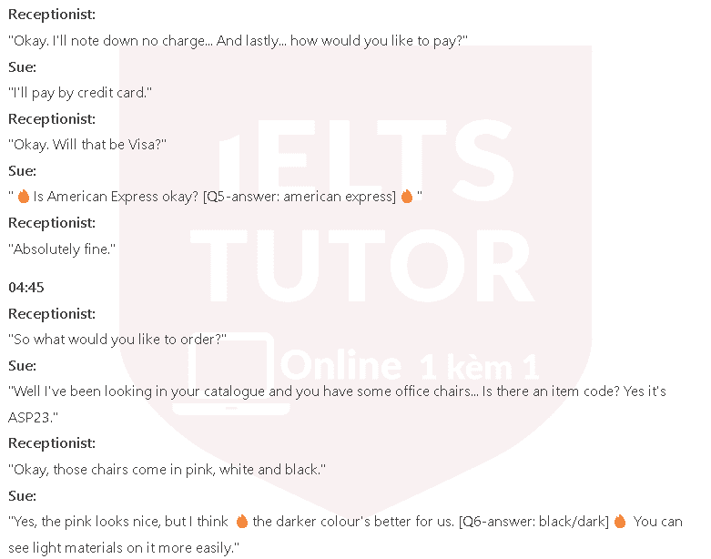 KT Furniture customer order form: Đề thi IELTS LISTENING (practice test)